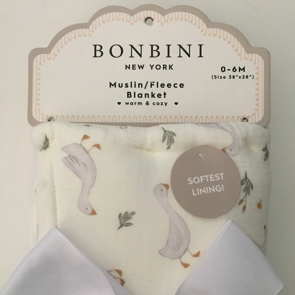 Baby Blanket Muslin Fleece Soft Lining White Goose Theme NEW | Bonbini